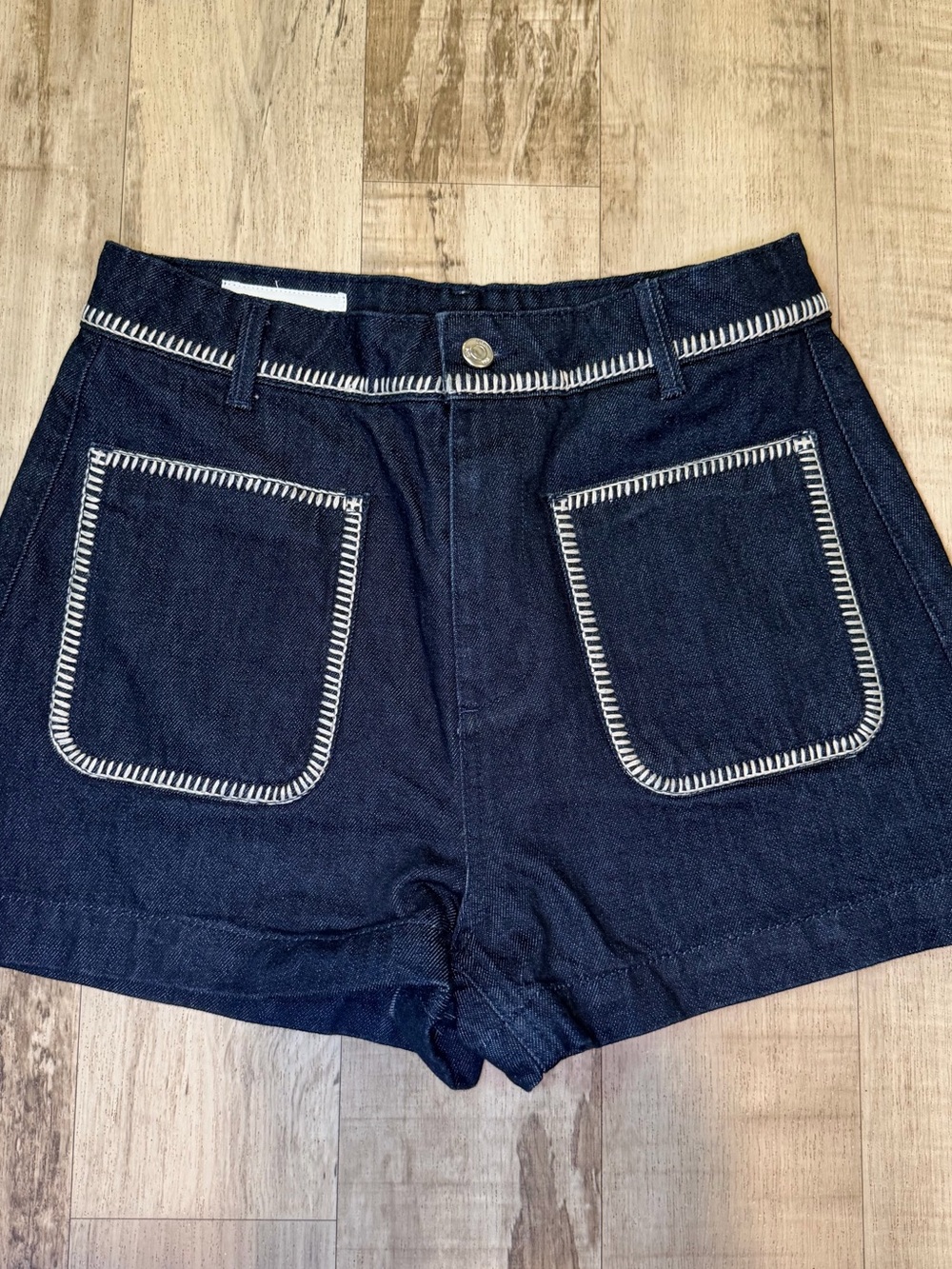 ZARA Z1975 Denim Shorts Women 6 Dark Blue Embroidered High Waist NWT